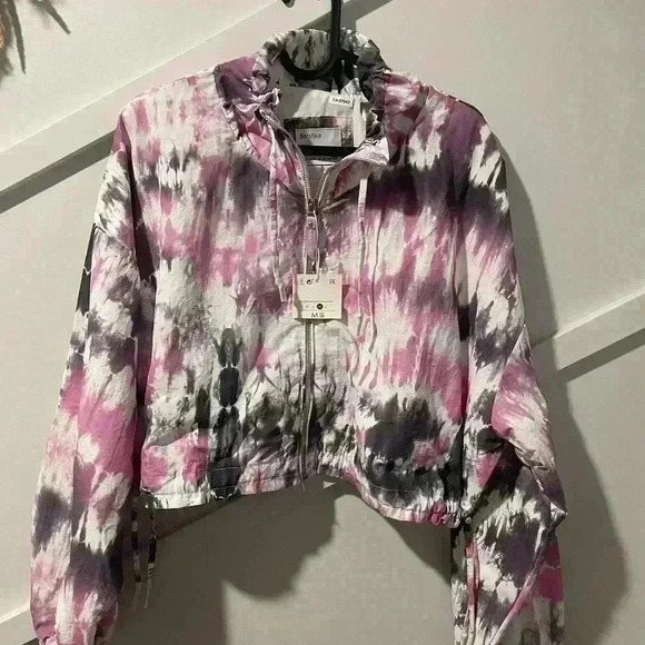 BERSHKA Tie Dye Cropped Zip Up Bomber  Jacket Size M puffed sleeves - Picture 5 of 10